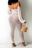 Black Sexy Mesh Pure Color Mid Waist Long Sleeve Halter Neck Long Dress YF9107-1