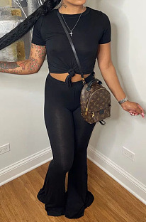 Black Round Neck Short Sleeve Micro Flared Pants Pure Color Casual Sets E8608-1