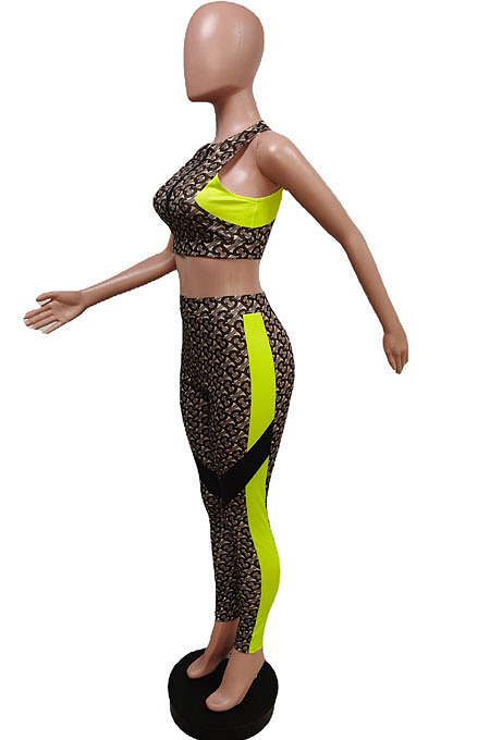 Coffee Print Round Neck Chest Zipper Sleeveless Crop Top Long Pants F88377-2