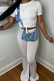 White Round Neck Short Sleeve Micro Flared Pants Pure Color Casual Sets E8608-2