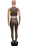 Royal Blue Print Round Neck Chest Zipper Sleeveless Crop Top Long Pants F88377-3