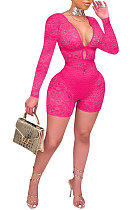 Rose Red Club Sexy Hollow Out Lace Long Sleeve Deep V Neck Mid Waist Romper Shorts Q915-3