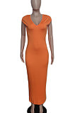 Black Women Sexy Pure Color V Neck Back Zipper Split Long Dress XT8897-3
