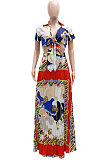 Multicolor Ruffle Skirts Short Sleeve Top Tied Deep V Neck Two-Pieces YF9133-1