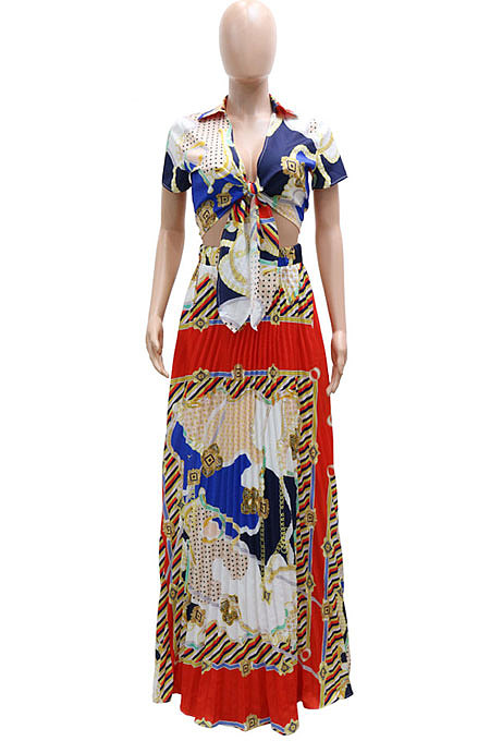 Multicolor Ruffle Skirts Short Sleeve Top Tied Deep V Neck Two-Pieces YF9133-1