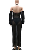 Black Sexy Mesh Pure Color Mid Waist Long Sleeve Halter Neck Long Dress YF9107-1