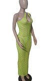 Pink Hollow Out Sexy Mesh One Shoulder Long Dress Sets With Underwear XT8898-2