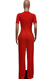 Royal Blue Deep V Neck Loose Short Sleeve Pure Color Wide Leg Jumpsuits F88372-4