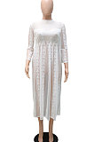 White Pure Color Lace Mesh Spaghetti High Waist Long Sleeve Midi Dress YF9127-1