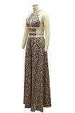 Leopard High Waist Halter Neck Hollow Out Backless Long Dress YF9135
