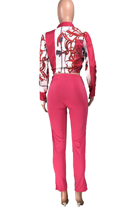 Royal Blue Summer Print Lapel Neck Short Sleeve Shirt Slit Long Pants Two Piece YMT6217-3