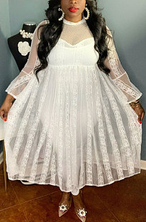 White Pure Color Lace Mesh Spaghetti High Waist Long Sleeve Midi Dress YF9127-1