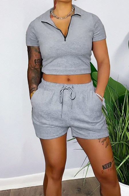 Black Pure Color Turn-Down Collar Zipper Short Sleeve Crop Top Shorts Two Piece YX9285-2