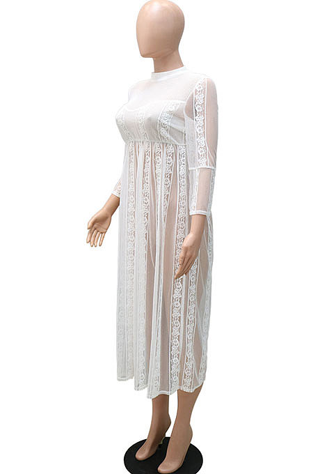 Black Pure Color Lace Mesh Spaghetti High Waist Long Sleeve Midi Dress YF9127-3