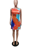 Orange Positioning Print Cute Round Neck Sleeveless Loose Dress F88374-2