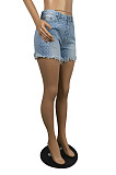 Light Blue High Waist Hole Water Washiong Wide Leg Casual Jean Shorts E8606