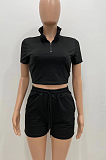 Dark Green Pure Color Turn-Down Collar Zipper Short Sleeve Crop Top Shorts Two Piece YX9285-7