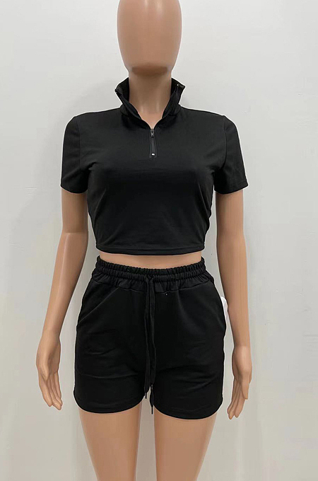 Dark Green Pure Color Turn-Down Collar Zipper Short Sleeve Crop Top Shorts Two Piece YX9285-7