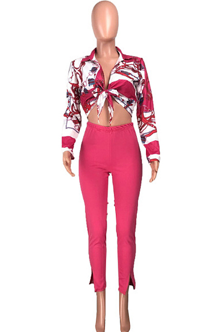 Royal Blue Summer Print Lapel Neck Short Sleeve Shirt Slit Long Pants Two Piece YMT6217-3