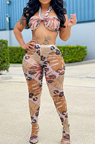 Apricot Perspective Mesh Print Strapless Bandage Regular Leggings Sets Variety Style LMM8267-3