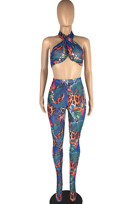 Apricot Perspective Mesh Print Strapless Bandage Regular Leggings Sets Variety Style LMM8267-3
