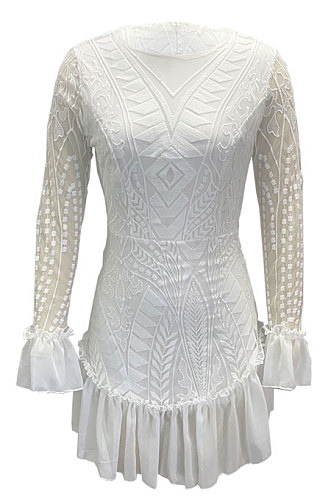 White Autumn Winter Lace Sexy Ruffle Sleeve Trendy Mini Dress Q5030