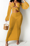 Wine Red Sexy Mesh Pure Color Mid Waist Long Sleeve Halter Neck Long Dress YF9107-3