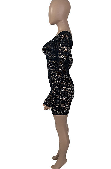 Apricot Club Sexy Hollow Out Lace Long Sleeve Deep V Neck Mid Waist Romper Shorts Q915-2