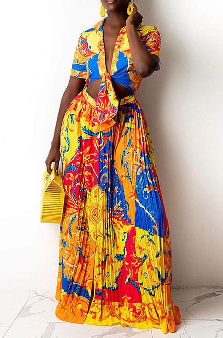 Yellow Ruffle Skirts Short Sleeve Top Tied Deep V Neck Two-Pieces YF9133-2