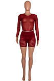 Black Women Sexy Lace Casual Shorts Mesh Top Two-Pieces Q908-2