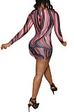 Orange Yellow Euramerican Women Autumn Wave Printing Tight Sexy Long Sleeve Mini Dress Q927-3
