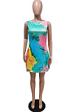 Lake Blue Positioning Print Cute Round Neck Sleeveless Loose Dress F88374-6