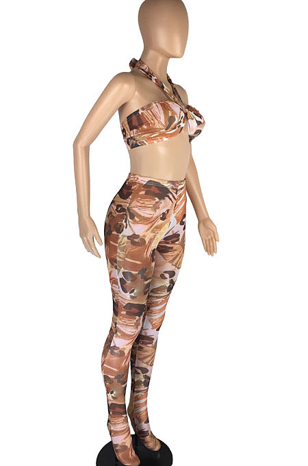 Apricot Perspective Mesh Print Strapless Bandage Regular Leggings Sets Variety Style LMM8267-3