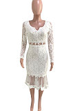 Black Euramerican Women Sexy Small V Neck Long Sleeve Lace Fishtail Skirt's Hemline Perspective Mini Dress Q920-2