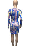 Orange Yellow Euramerican Women Autumn Wave Printing Tight Sexy Long Sleeve Mini Dress Q927-3