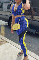 Royal Blue Print Round Neck Chest Zipper Sleeveless Crop Top Long Pants F88377-3