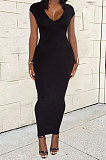 Black Women Sexy Pure Color V Neck Back Zipper Split Long Dress XT8897-3