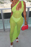 Pink Hollow Out Sexy Mesh One Shoulder Long Dress Sets With Underwear XT8898-2
