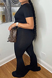 White Round Neck Short Sleeve Micro Flared Pants Pure Color Casual Sets E8608-2