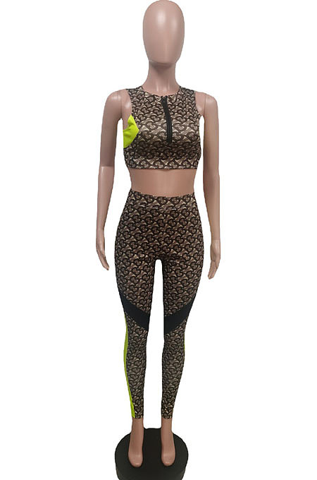 Purple Print Round Neck Chest Zipper Sleeveless Crop Top Long Pants F88377-1
