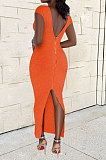 Orange Women Sexy Pure Color V Neck Back Zipper Split Long Dress XT8897-1