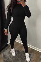 Black Simplee Pure Color Ribber Screw Thread Long Sleeve Long Pants Sets AD0701-3