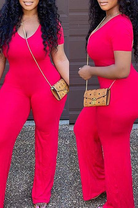 Red Deep V Neck Loose Short Sleeve Pure Color Wide Leg Jumpsuits F88372-1