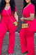 Red Deep V Neck Loose Short Sleeve Pure Color Wide Leg Jumpsuits F88372-1