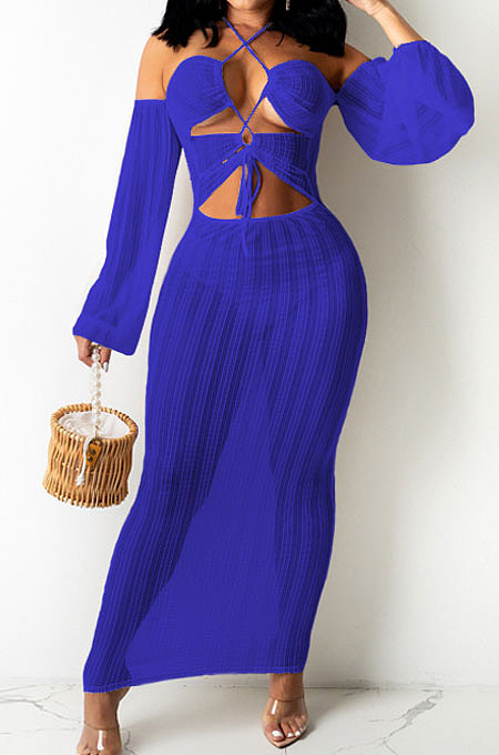 White Sexy Mesh Pure Color Mid Waist Long Sleeve Halter Neck Long Dress YF9107-2