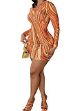 Orange Yellow Euramerican Women Autumn Wave Printing Tight Sexy Long Sleeve Mini Dress Q927-3