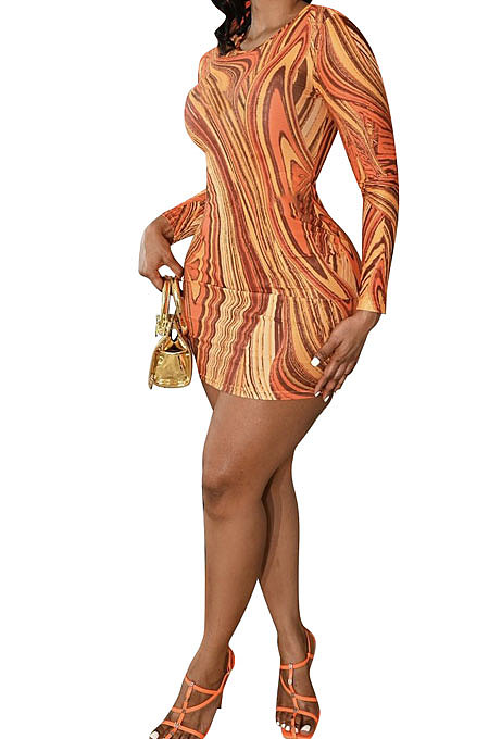 Orange Yellow Euramerican Women Autumn Wave Printing Tight Sexy Long Sleeve Mini Dress Q927-3