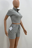 Dark Green Pure Color Turn-Down Collar Zipper Short Sleeve Crop Top Shorts Two Piece YX9285-7