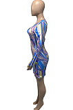 Orange Yellow Euramerican Women Autumn Wave Printing Tight Sexy Long Sleeve Mini Dress Q927-3