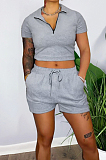 Pink Pure Color Turn-Down Collar Zipper Short Sleeve Crop Top Shorts Two Piece YX9285-5